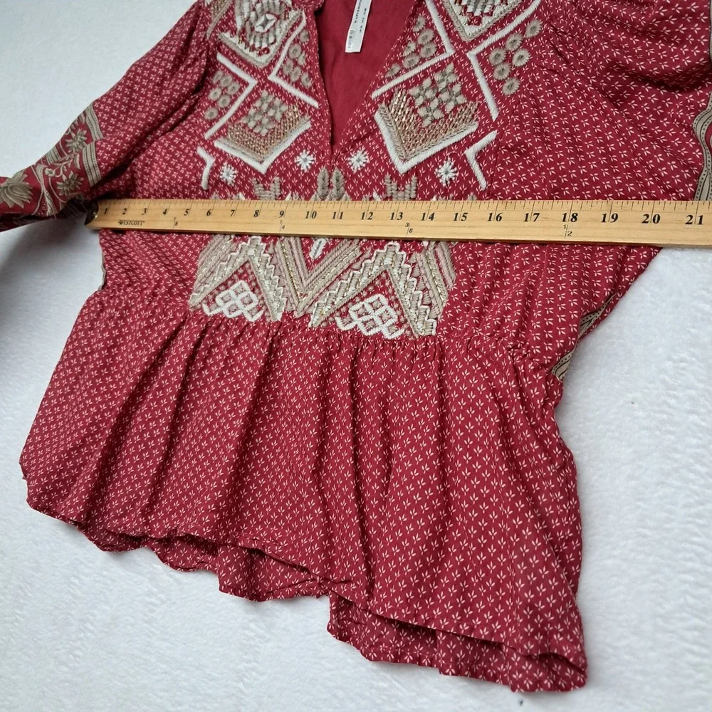 Anthropologie Keira Embroidered Peplum Women's 8 Red Long Sleeve V Neck Boho - Picture 10 of 12